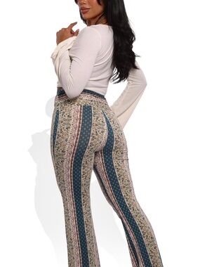 High-Rise Printed Flare Pants in Teal & Beige